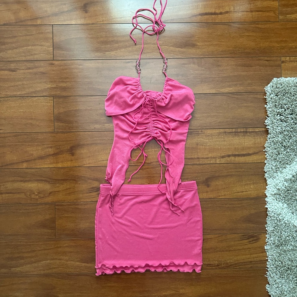 Pink Ruched Halter Top and Skirt Set 💕